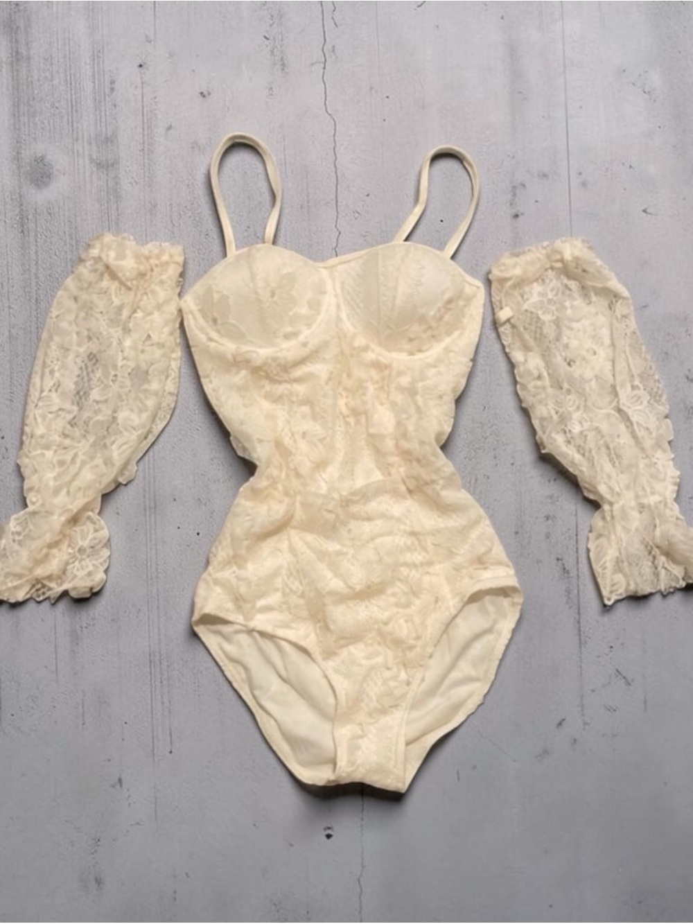 Vintage Lace One-Piece Swimsuit with Detachable Sleeves in Ivory